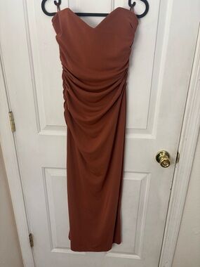 Zara Strapless Ruched Maxi Dress in Rust Brown